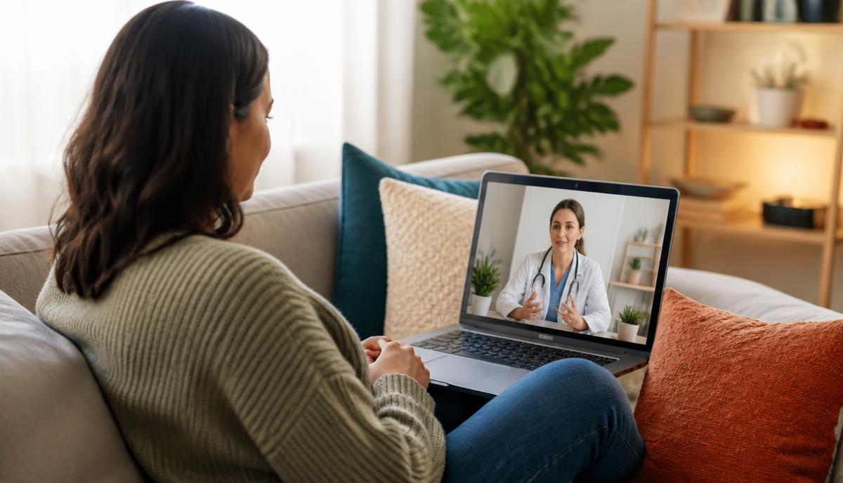 Woman seated comfortably at home during a telehealth visit discussing vaginal yeast infection symptoms and treatment with a physician